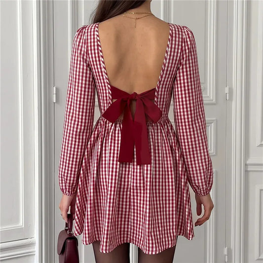 Red Gingham Long Puff Sleeve Backless Bow Tie Mini Dress