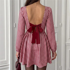 Red Gingham Long Puff Sleeve Backless Bow Tie Mini Dress