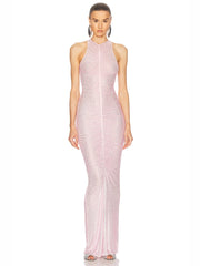 Pink O-Neck Folds Diamonds Long Dress