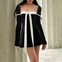 Black Stripe Long Sleeve Bow Mini Dress - Free From Label