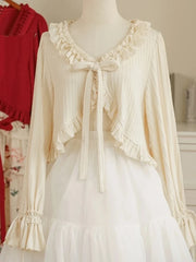 Ruffles V Neck Crop Bow Knitted Cardigan