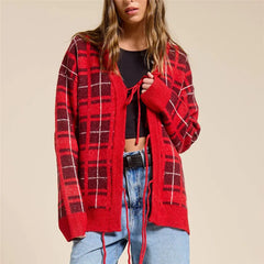 Red Plaid Lace Up Knit Cardigan