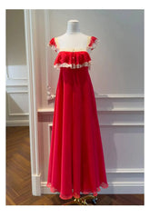 Red Lace Trim Square Neck Ruffle Chiffon Maxi Dress