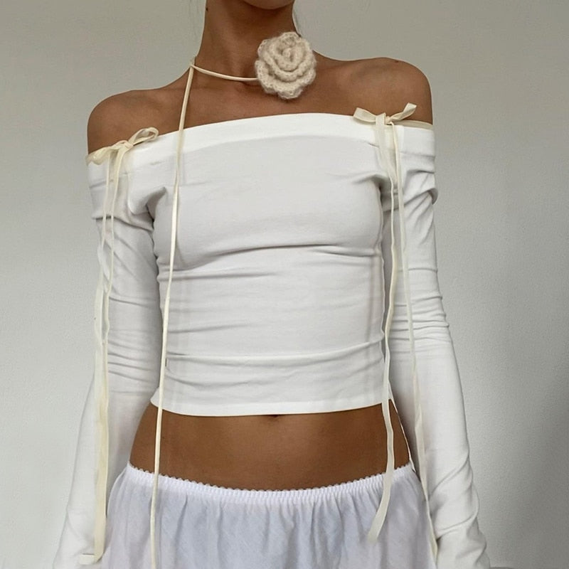 White Off-Shoulder Bow Lace Up Top