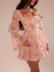 Pink Long Puff Sleeve Floral Print Square Neck Mini Dress