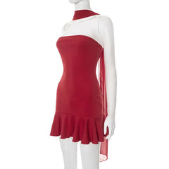 Strapless Solid Scarf Collar Ruffle Mini Dress