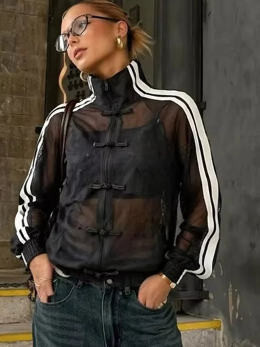 Black Mesh Patchwork Stripe Decoration Jacket