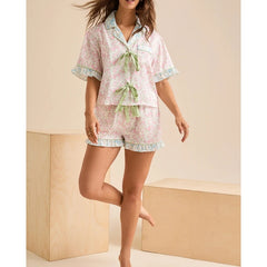 Floral Print Short Sleeve Tie Front Top with Ruffle Shorts Pajama Set
