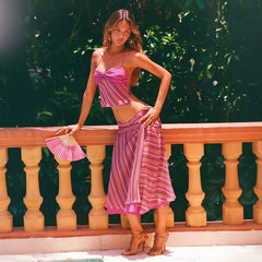 Stripe Print Open Back Tie Crop Top And Midi Skirt Set