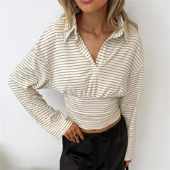 Striped Turn Down Collar Long Sleeve Top