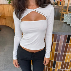 Front Cutout Rivet Long Sleeve Crop Top