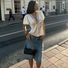Satin Lace V-neck Short Sleeve Top