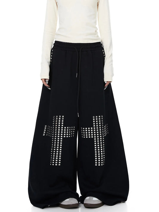 Black Rhinestone Cross Wide Leg Sweatpants