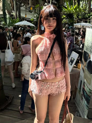 Pink Ruched Halter Open Back Top And Fur Sequin Shorts Set