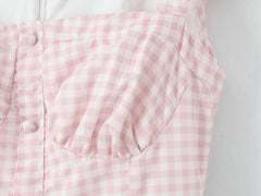 Pink Plaid Button Puff Sleeve Midi Dress