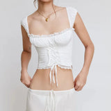 Tie Up Square Neck Cropped Lace Trim White Top