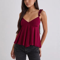 Ruffled Strap Satin V-neck Top