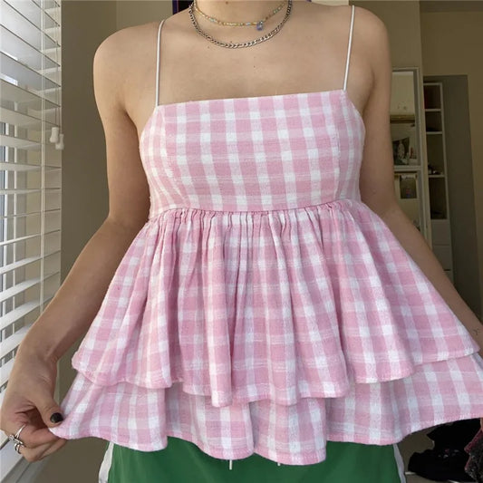 Pink Gingham Layer Hem Peplum Babydoll Top