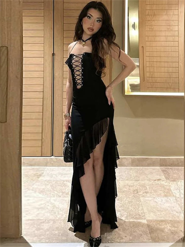 Black Lace Up Ruffled Midi Dress