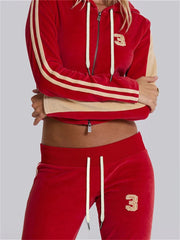 Red Velvet  Zipper Crop Hoodie And Flare Pants Set