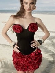 Red Satin 3d Rose Mini Skirt And Corset Top Set