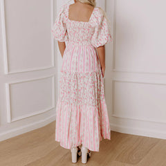 Pink Floral Patchwork Smocked Square Neck Short Puff Sleeve Maxi Dress