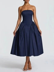 Strapless Lace Up Flare Pleated Midi Dress