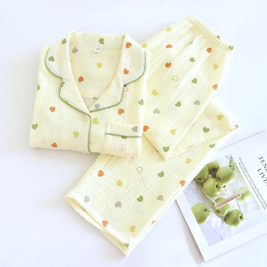 Yellow Heart Printed Long Sleeve Shirt And Pants Pajama Set