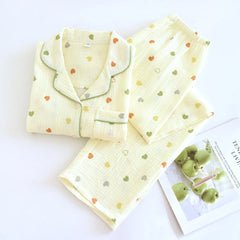 Yellow Heart Printed Long Sleeve Shirt And Pants Pajama Set