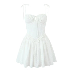 White Hollow out Embroidery Lace Cotton Corset Style Bow Mini Dress