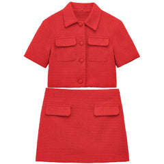 Red Solid Collar Short Sleeve Buttoned Top And Mini Skirt Set