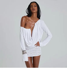 White Off-Shoulder Long Sleeve Studded Mini Dress
