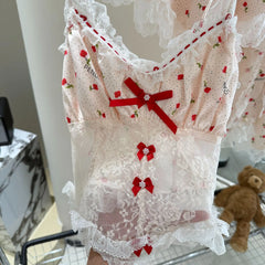 Lace Patchwork Red Ribbon Four Piece Sleepwear Set