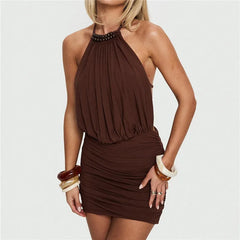 Brown Halter Beaded Neckline Open Back Ruched Mini Dress
