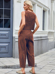 Printed Plaid Sleeveless Vest And Wide Pants Set