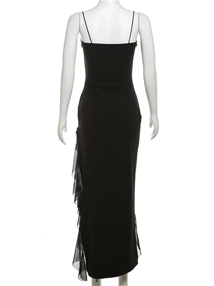 Black Lace Up Ruffled Midi Dress