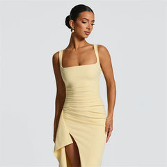 Square Neck Strap Thigh High Split Draped Long Dress