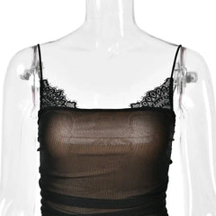 Black Mesh Spaghetti Strap Ruched Draped Maxi Dress