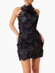 Halter 3d Flower Appliques Mini Dress