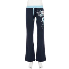 Blue Low Waist Floral Print Flare Leg Drawstring Sweatpants