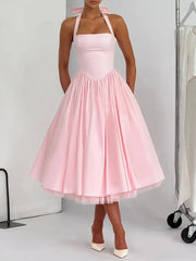 Halter Tulle Flare Maxi Dress