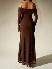 Off-Shoulder Flared Long Sleeve Sequined Maxi Dress