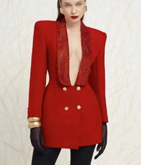 Red Deep V-Neck Open Back Double Breasted Long Sleeved Skirt Suit