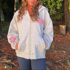 Grey Floral Print Zip-up Oversized Hoodie