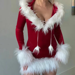 Christmas Red Velvet Fur Trim Long Sleeve Mini Hooded Dress