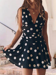 Polka Dot Ruched Deep V Neck Mini Dress