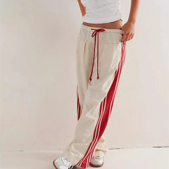 Side Striped Track Pants Y2K Drawstring Elastic Waist Wide Leg Sweatpants