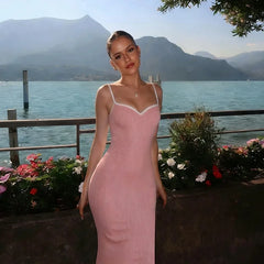 Pink Ribbed Contrast Trim Long Dress