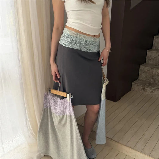 Lace Trim Low Waist Midi Skirt