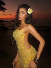 Yellow Sequin Beaded Tassel Open Back Strappy Mini Dress